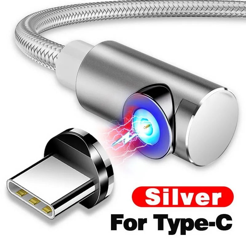 Black magnetic USB charging cable with detachable Micro USB, Lightning, and Type-C heads on a white background.