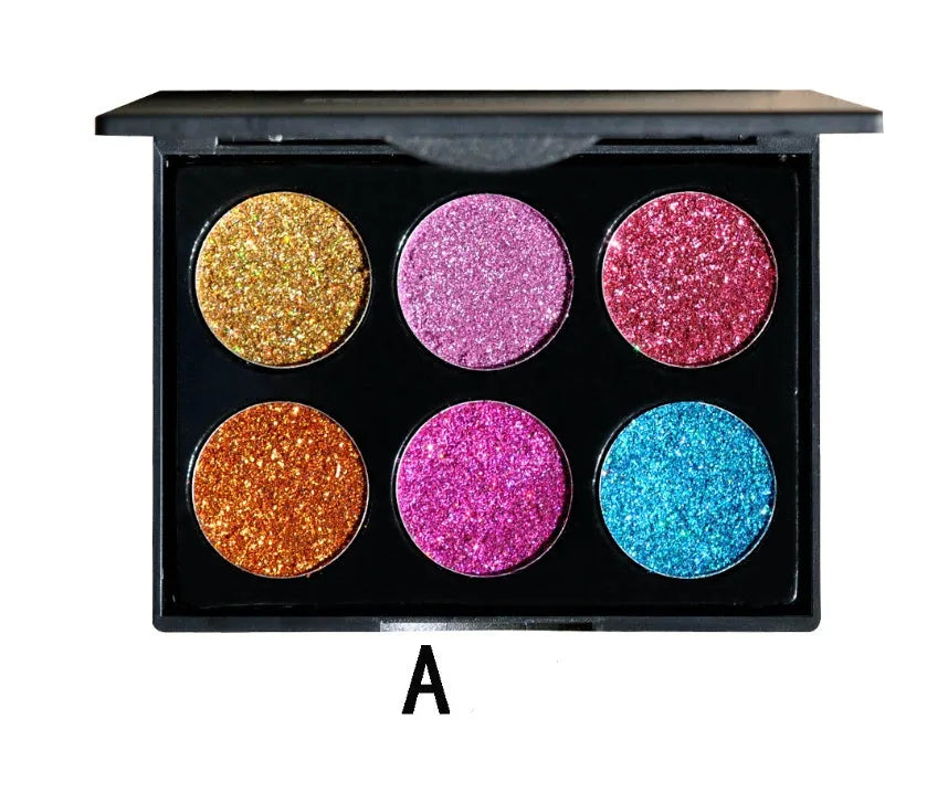 Sequin eye shadow tray with 6 colours in a 10 cm by 7.8 cm by 0.9 cm palette
