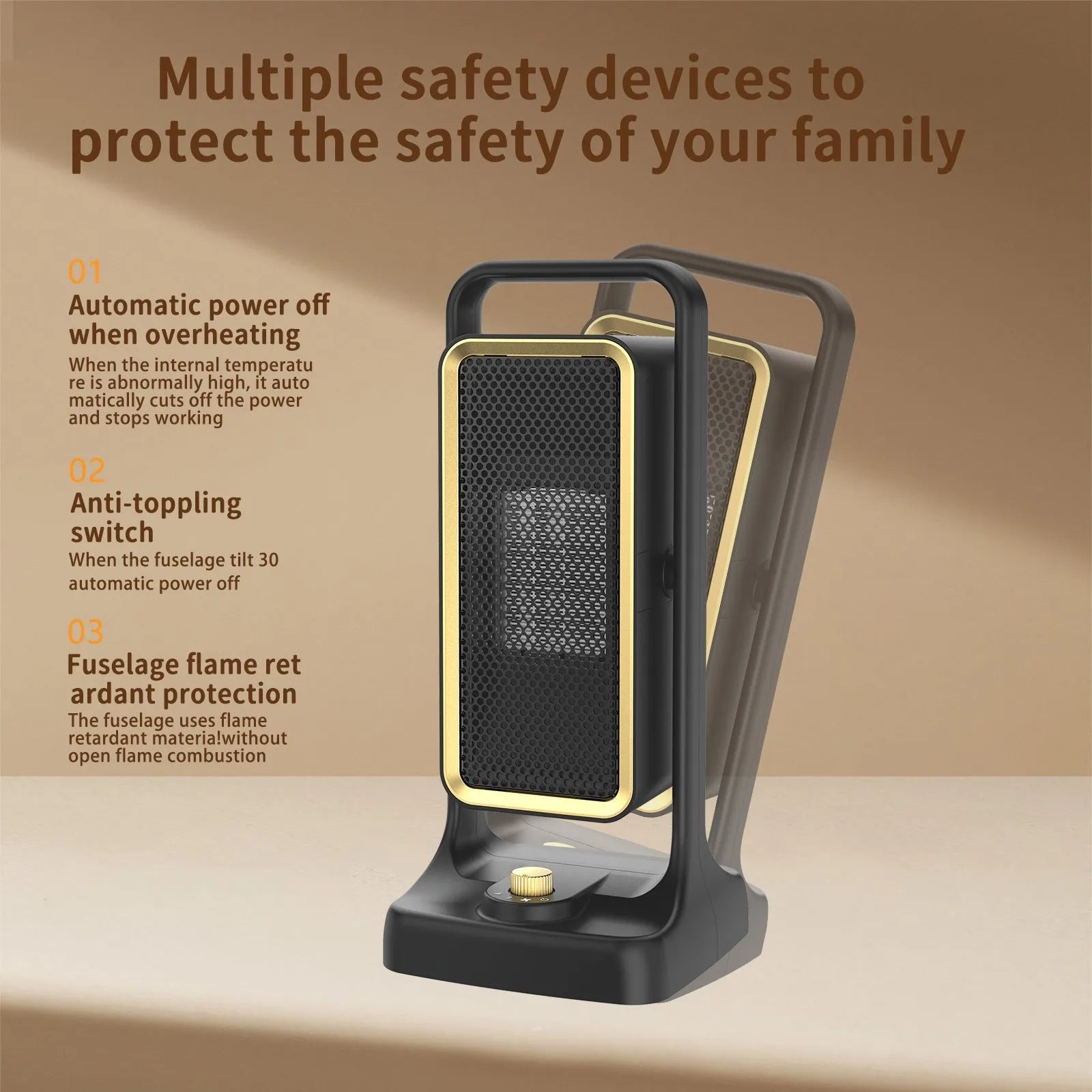 Compact desktop PTC air heater with knob control and multiple plug options