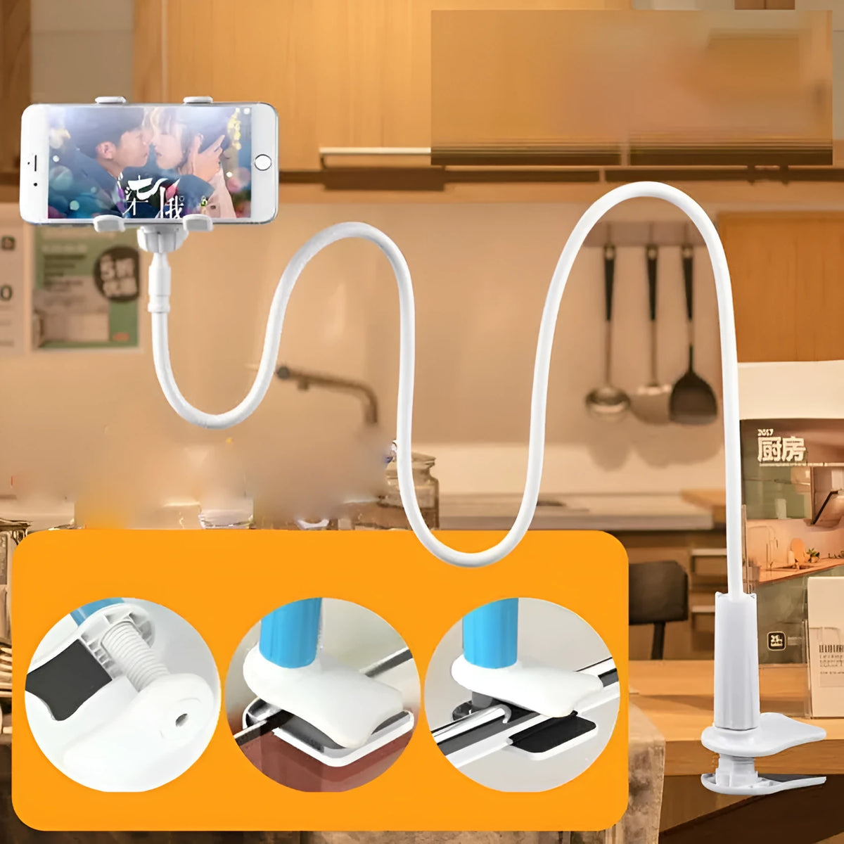 Lazy mobile phone bracket with spiral clip base and bendable alloy pipe in blue or pink, 80cm to 138cm