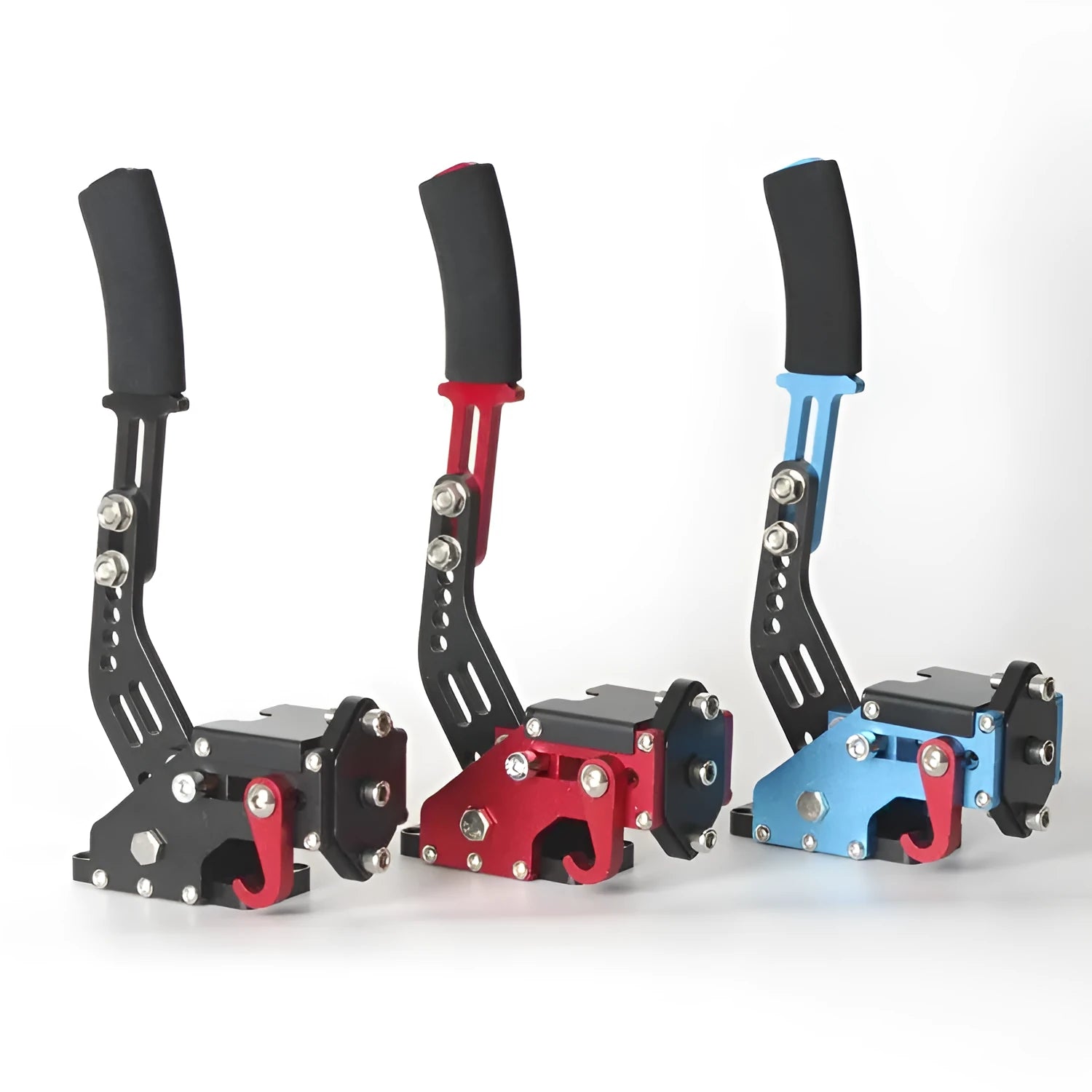 Aluminium linear handbrake for PC sim racing, compatible with Logitech and Thrustmaster wheels, in red, blue, or black.