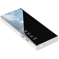 Black 20000mAh power bank with LCD display showing battery percentage and dual USB ports