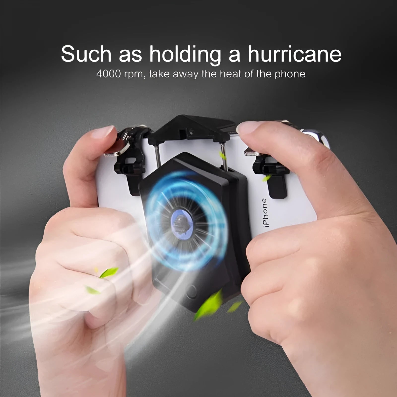 Black and white mobile phone cooling radiator with USB cable for connection to PC or console.