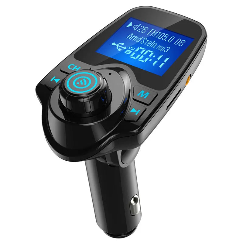 Black car Bluetooth hands-free device with FM transmitter, USB port, and TF card slot