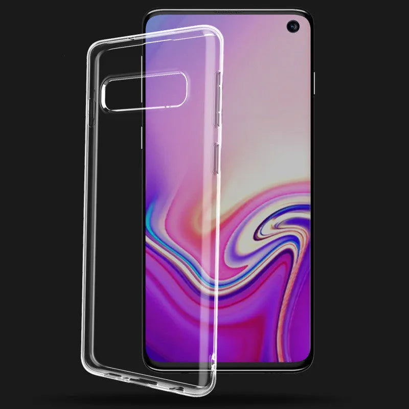 Transparent TPU back cover case for Samsung S10, S10e, and S10 Plus mobile phones.
