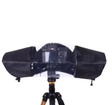 Waterproof rain cover fitted over a DSLR camera with a long telephoto lens attached.