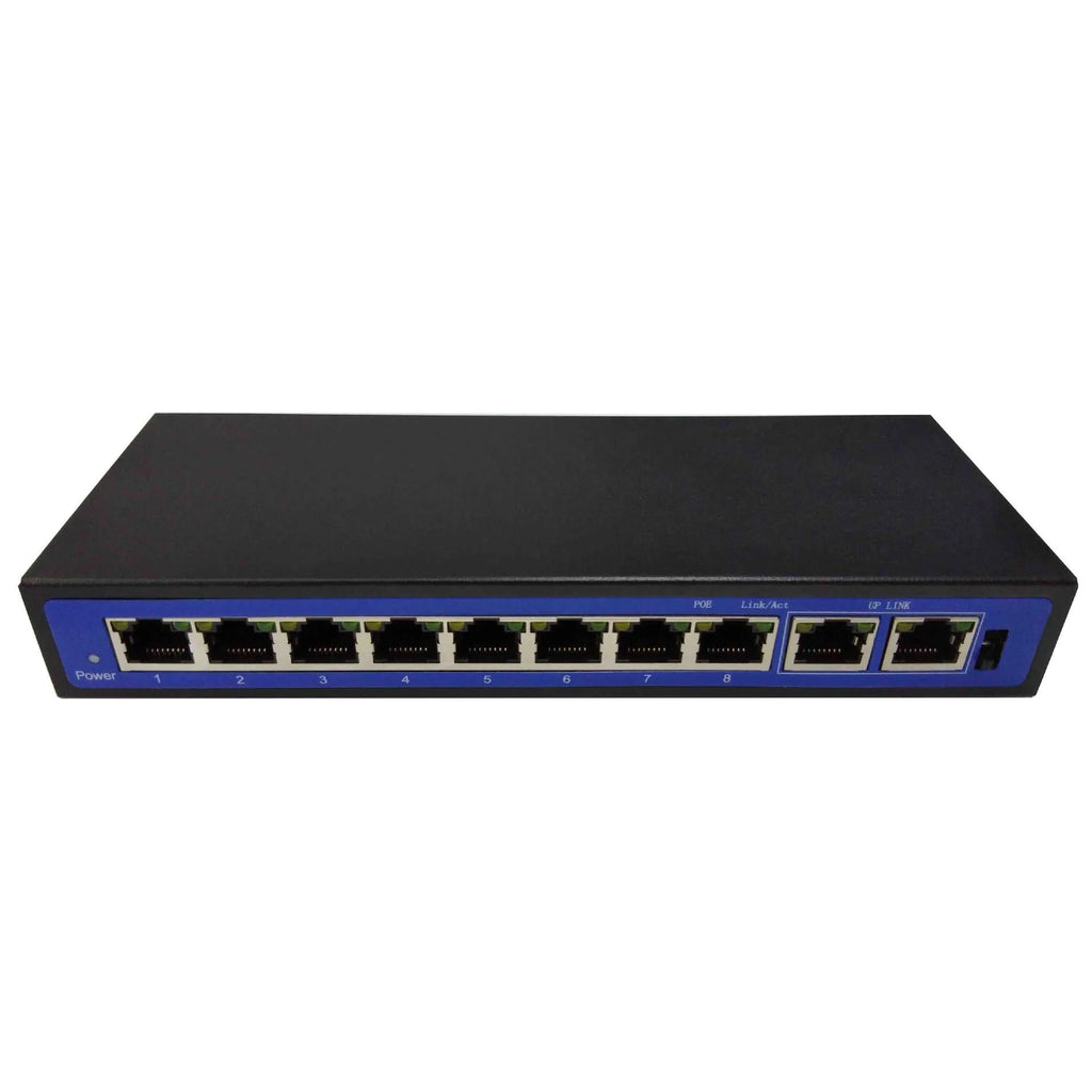 8+2 port 100M POE switch with eight IEEE 802.3af/at PoE ports, two uplink Ethernet ports, and 48V 3A external power adapter.