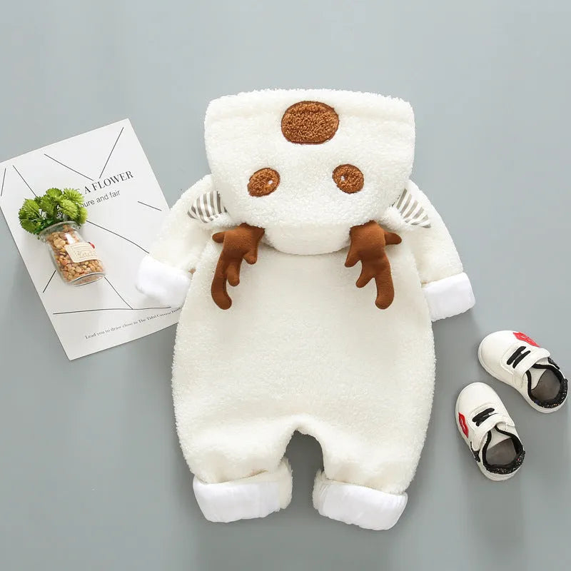 Long sleeve baby romper with lace-up strap closure in khaki, pink, and white colour options.