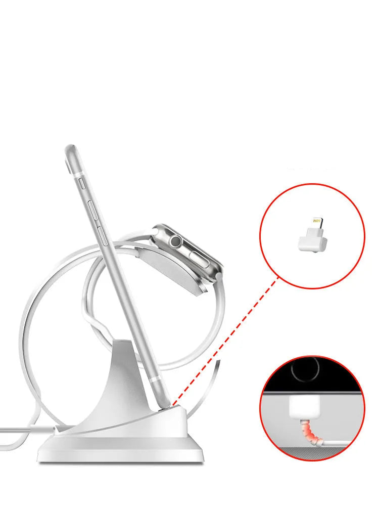 Two-in-one silver and grey aluminium alloy charging stand for phone and tablet, 175x99x110mm, with rubber anti-skid pad