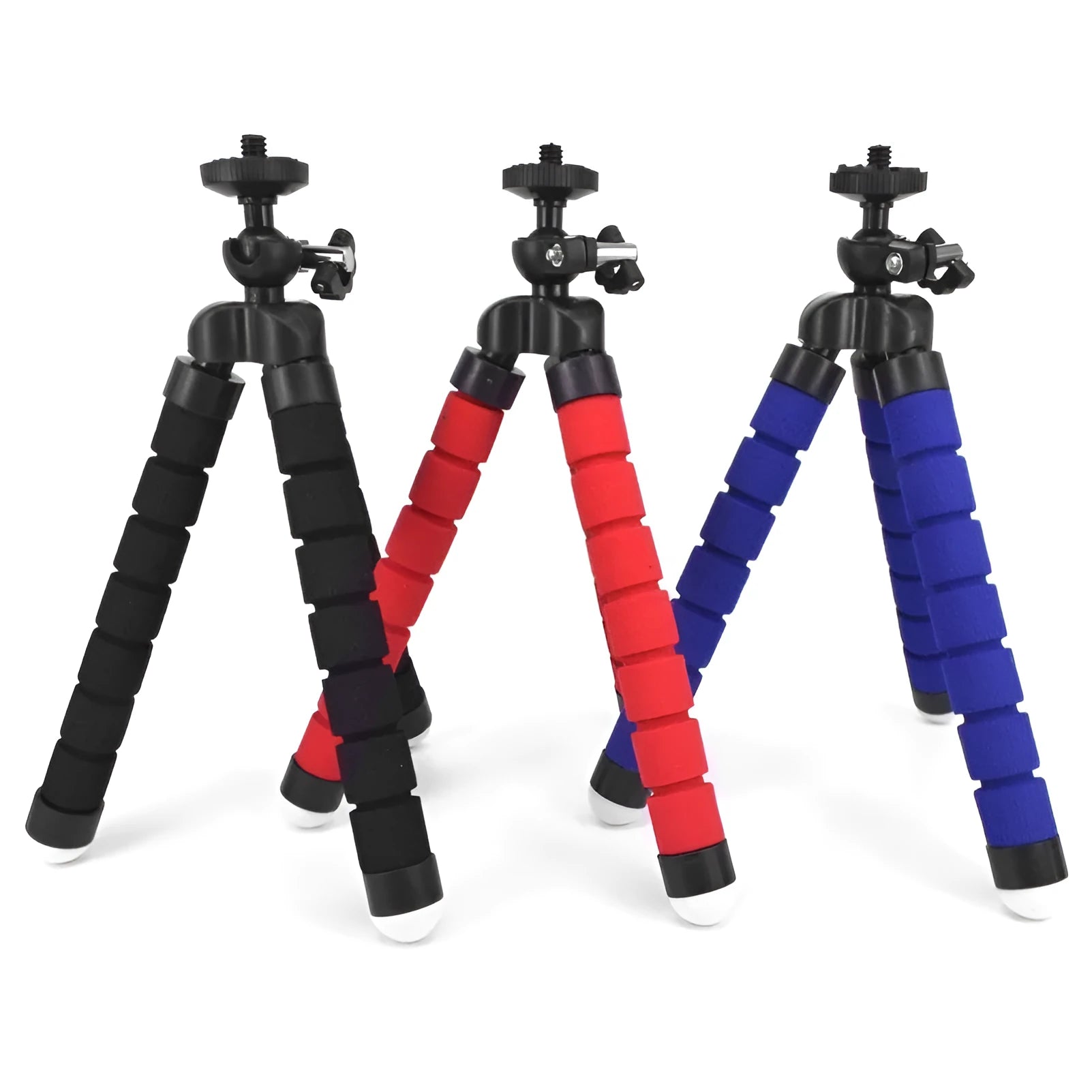 Black flexible octopus tripod with coiled legs next to a smartphone, showing its 18cm size.