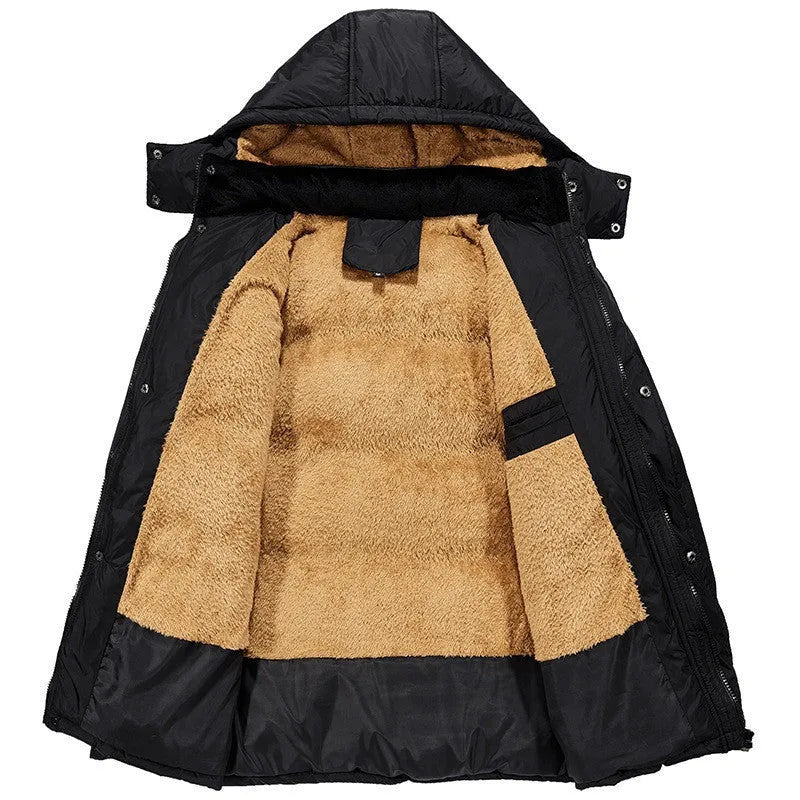 Men's black velvet padded hooded jacket with a double-breasted front on a hanger.