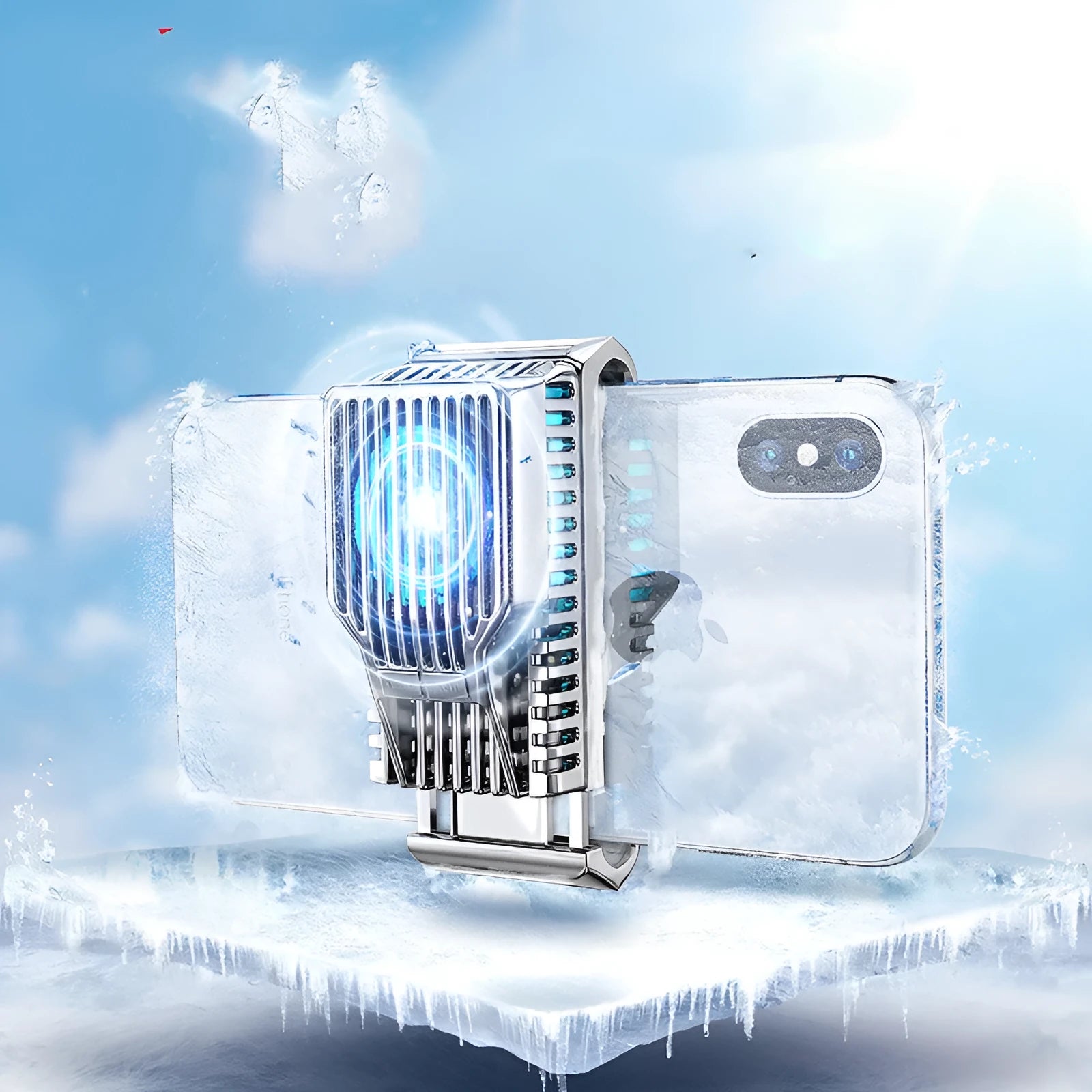 Black clip-on mobile phone radiator with aluminium cooling fins for smartphones