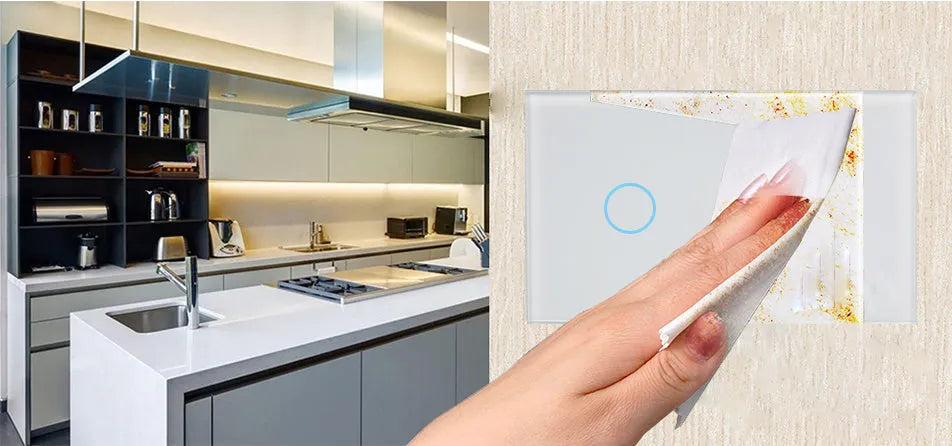 White smart touch light switch with tempered glass panel and silver frame on a wall.