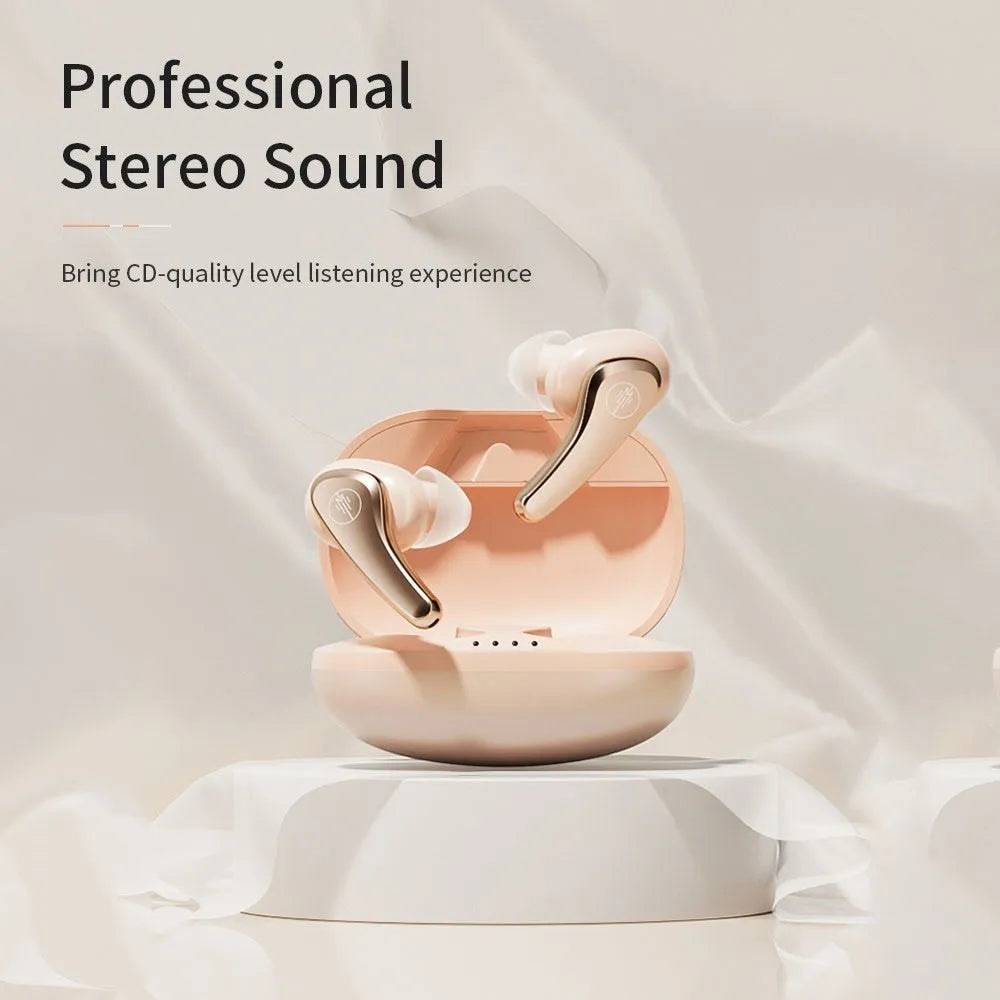 Wireless in-ear Bluetooth 5.3 headset in white, pink, purple, or black with charging compartment and data cable