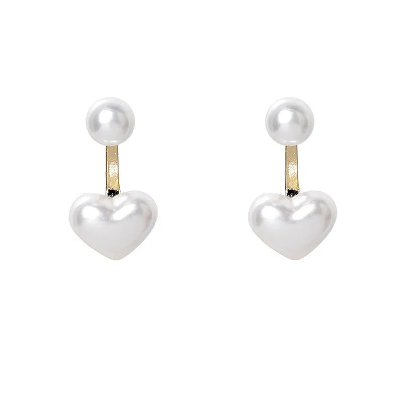 Women's heart-shaped pearl stud earrings with electroplated alloy construction and artificial gemstone details
