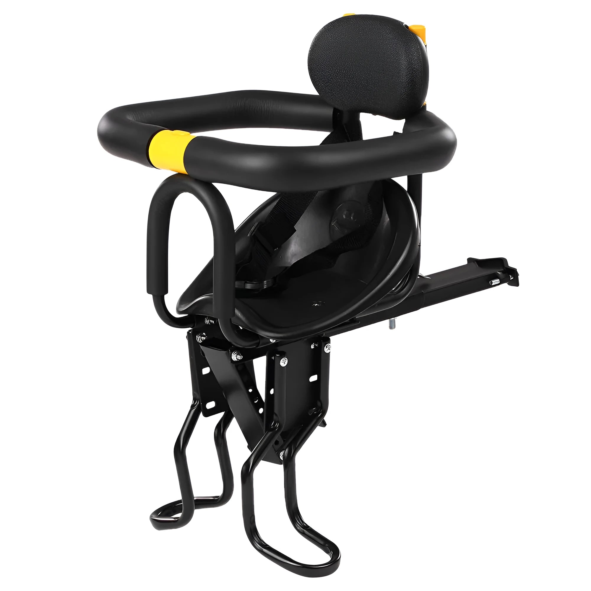 Front mounted steel bicycle child seat on mountain bike, black colour option