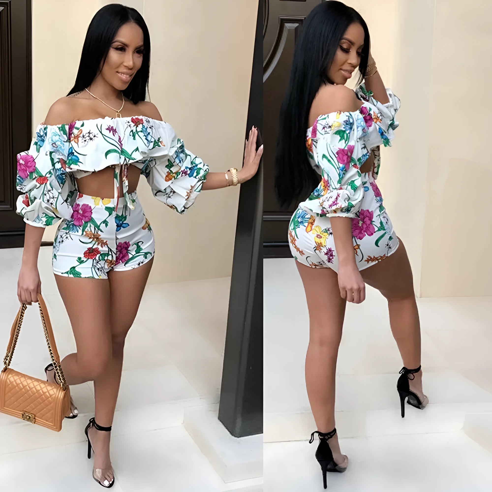Multicolour digital print women's two-piece outfit with pile sleeve top and matching shorts.