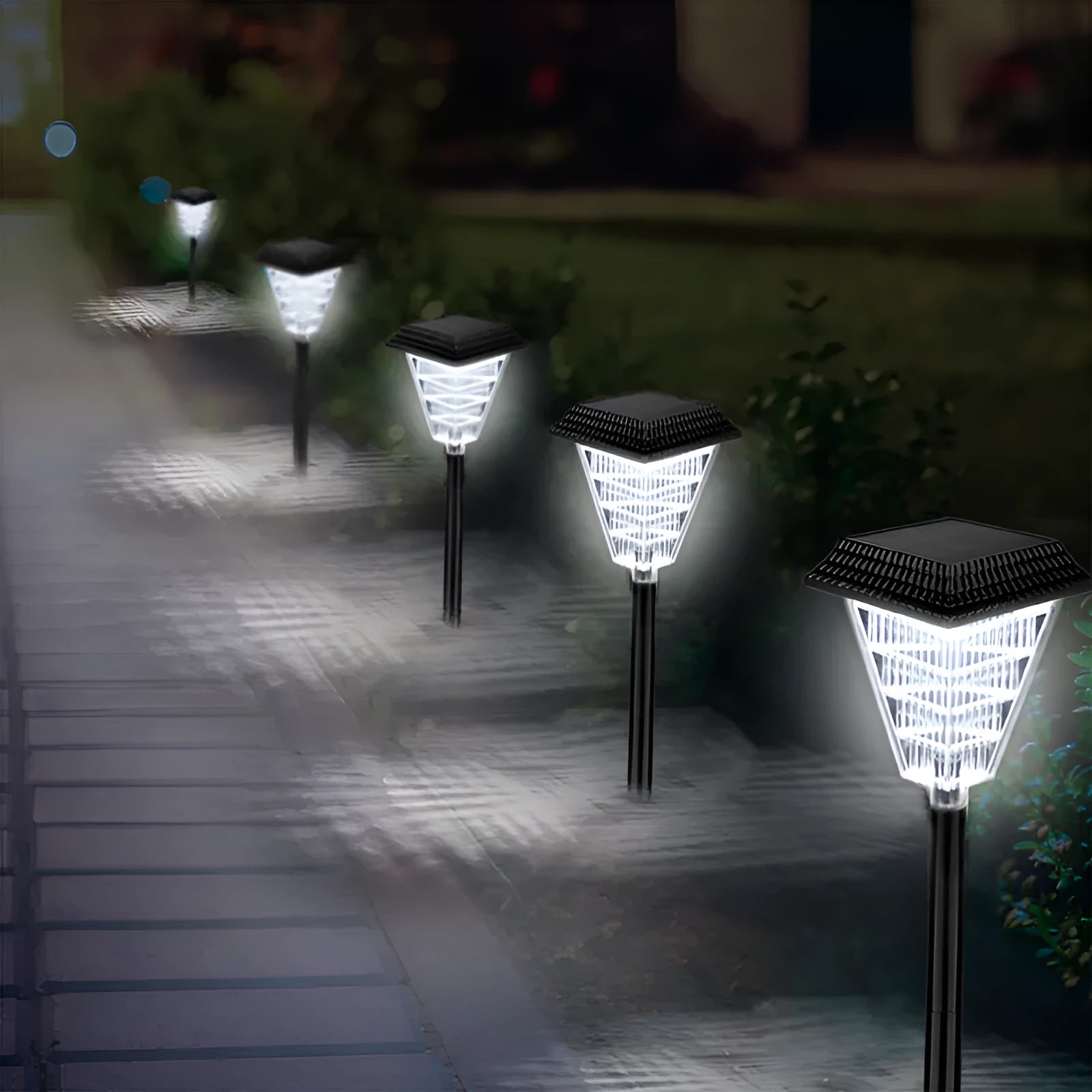 Solar garden light with LED bulbs in decorative outdoor setting showing colour options