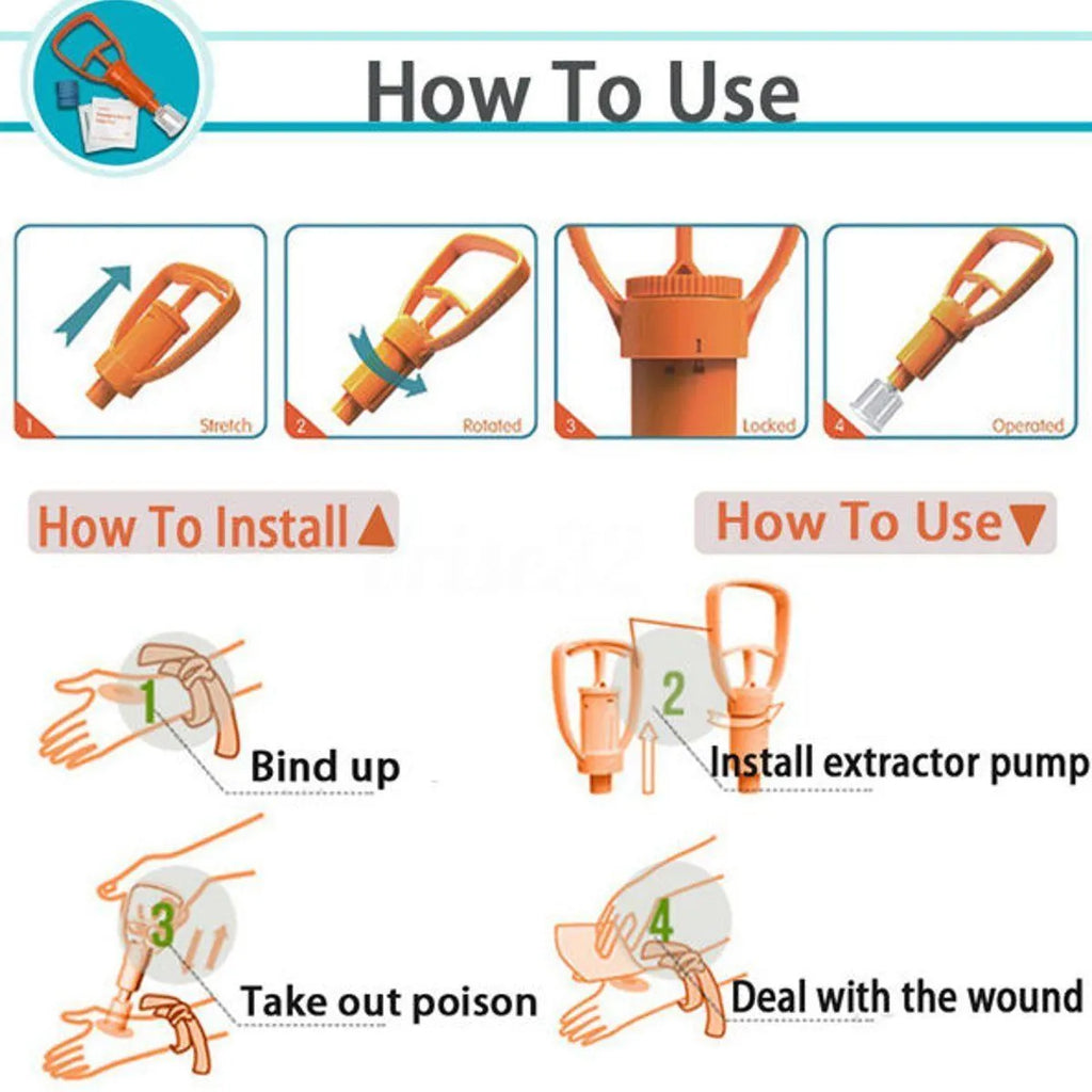 Orange plastic outdoor venom suction device kit open to show pump, two suction cups, tourniquet and swabs.