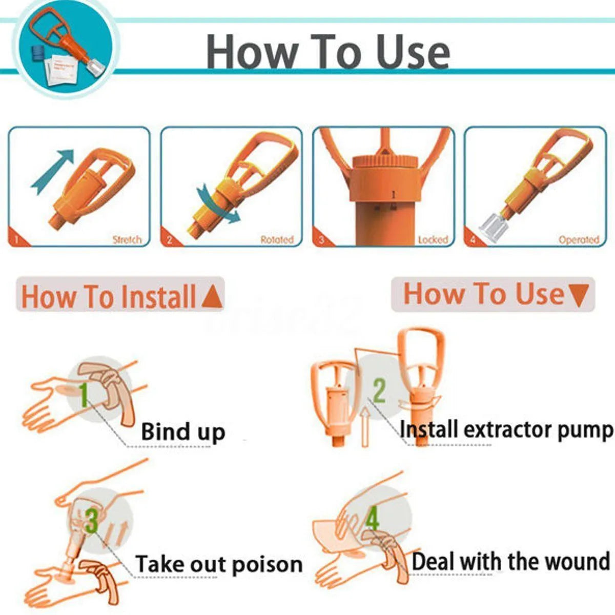 Orange plastic outdoor venom suction device kit open to show pump, two suction cups, tourniquet and swabs.