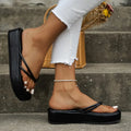 Pair of thick-soled flip-flops with herringbone patterned PU straps in a choice of colours on a white background
