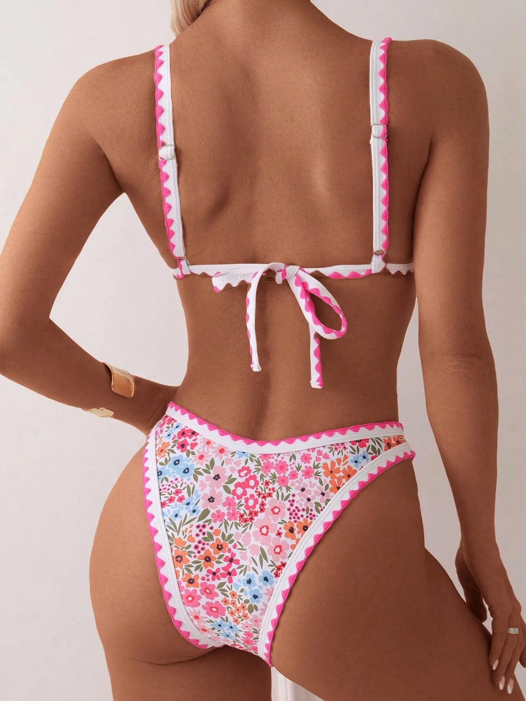 Women's printed lace-up split bikini swimming suit with bra and briefs