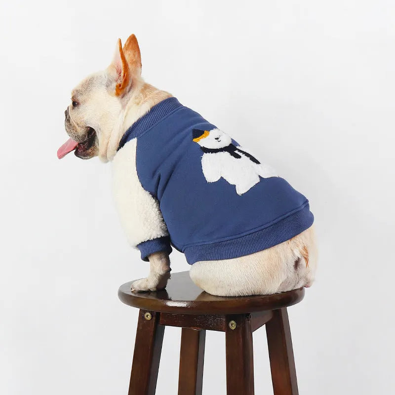 Dark blue fleece-lined cotton winter jacket for a large dog on a mannequin.