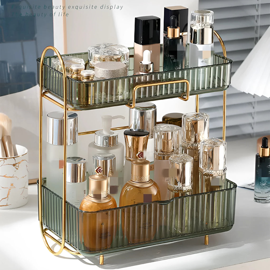 Cosmetic shelf in transparent finish with iron frame and PET panels for bathroom storage