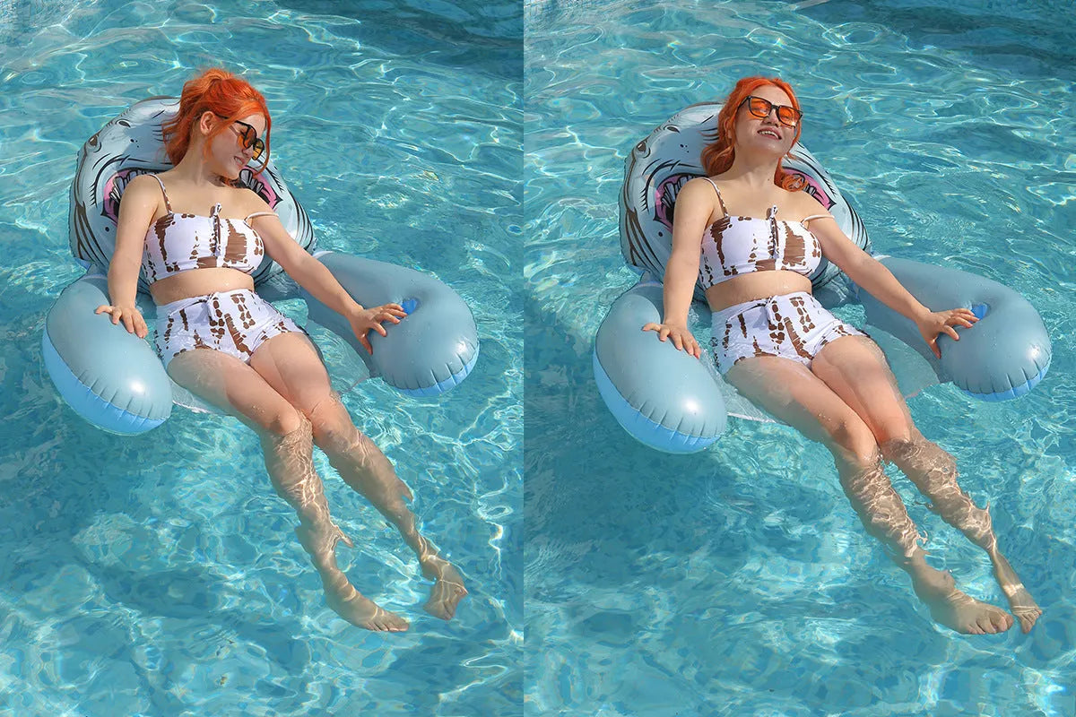 Inflatable seat hammock with net in dark blue whale design floating on water, thickened PVC construction