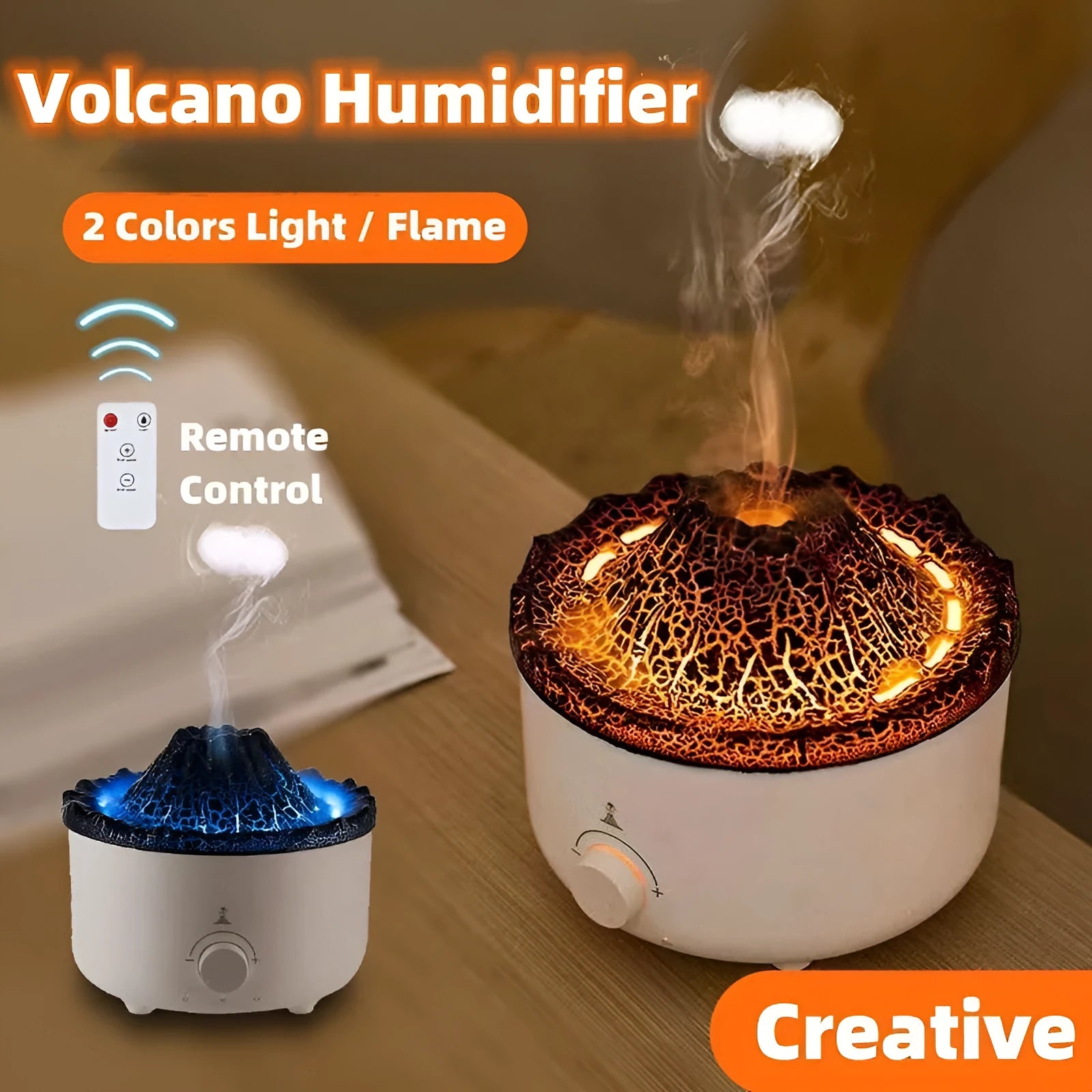 White simulated flame volcano humidifier diffuser with remote control on tabletop