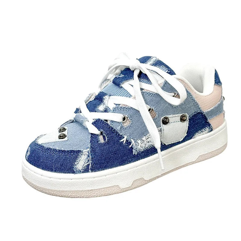 Low-top canvas bread shoes in Denim Blue Pink with PU sole, mesh lining, and front lace-up