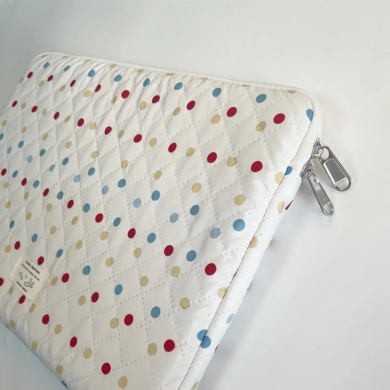 Women's polka dot polyester laptop bag showing three size options