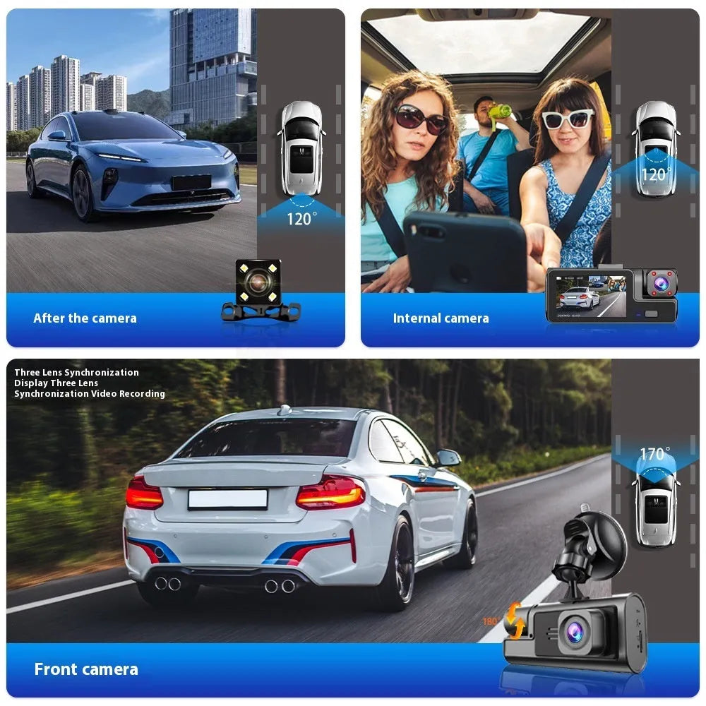 WiFi driving recorder with 2-inch screen on car windscreen showing rear camera view.