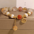 Women's adjustable crystal pearl bracelet with colourful beads and Chinese character charm