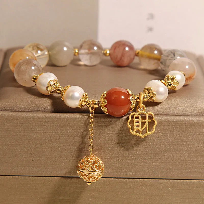 Women's adjustable crystal pearl bracelet with colourful beads and Chinese character charm