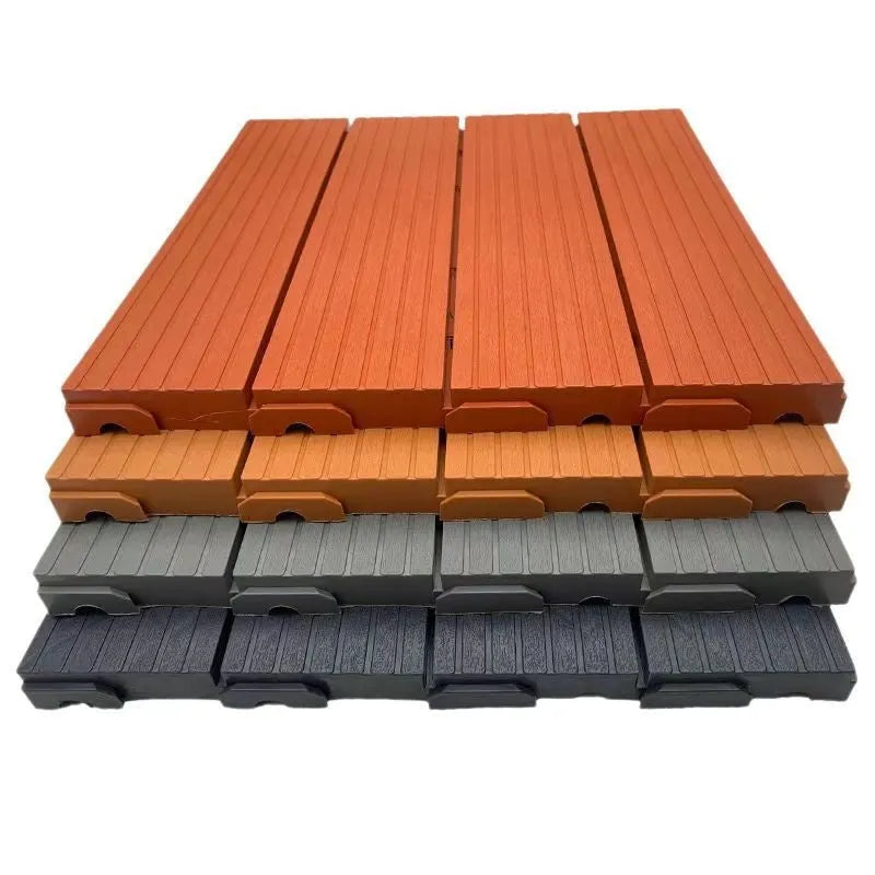 Pack of 10 wood grain patterned plastic floor tiles showing non-slip surface and splicing edges.
