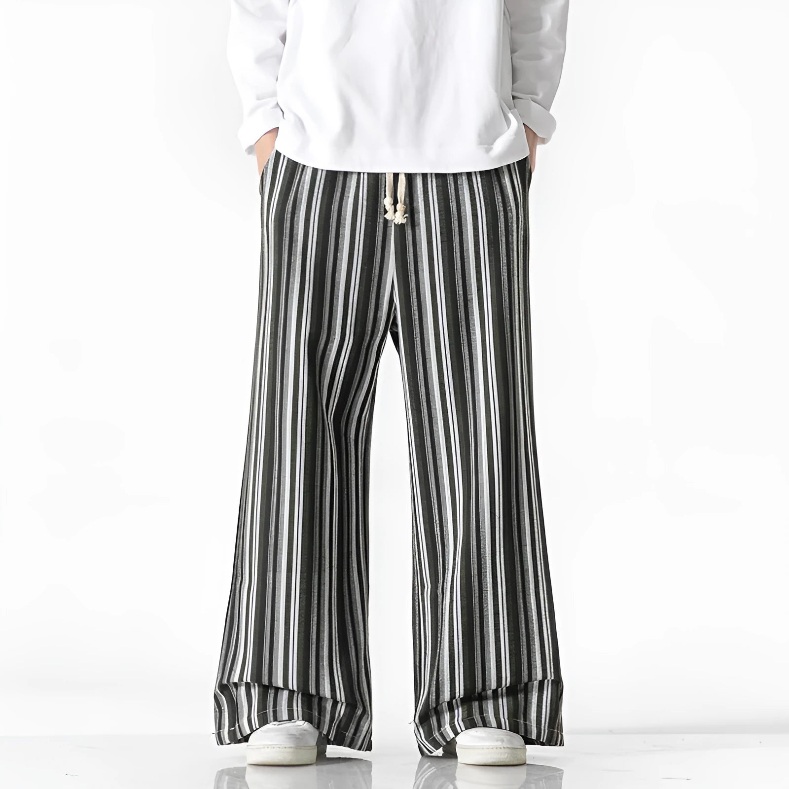 Man wearing vintage stripe loose straight leg cotton blend mopping pants in khaki colour.