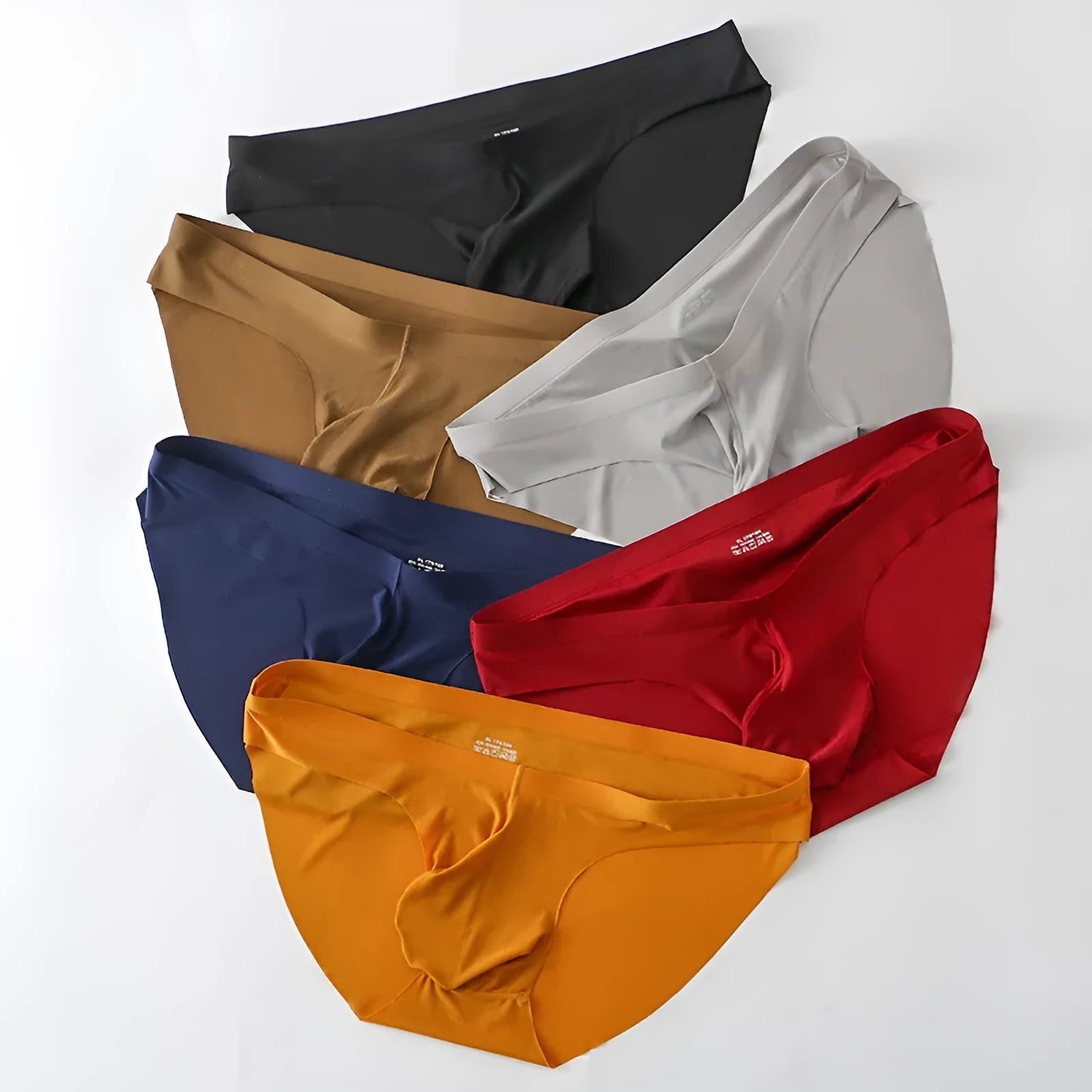 Men's black ice silk seamless briefs with a supportive bullet separation pouch design.