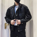 Men's black PU leather pilot jacket with side pockets and straight hem