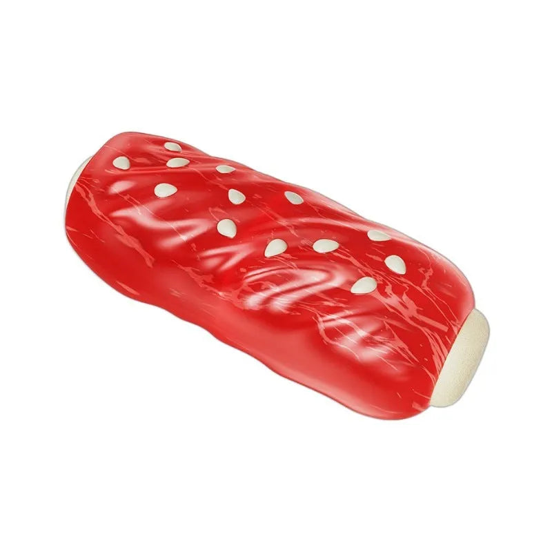 Primary colour plastic molar rod dog chew toy and treat dispenser.