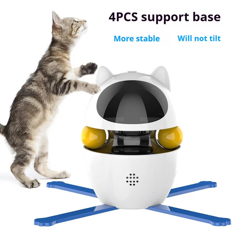 White automatic electronic cat toy with elastic rope extending from plastic base