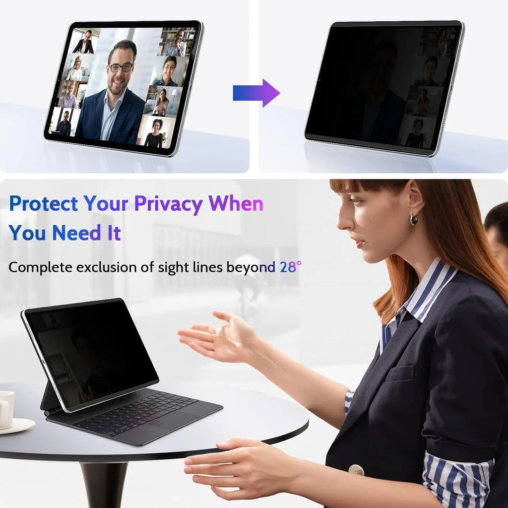 Magnetic privacy screen protector film shown attached to an iPad Pro, with narrow viewing angle effect demonstrated.