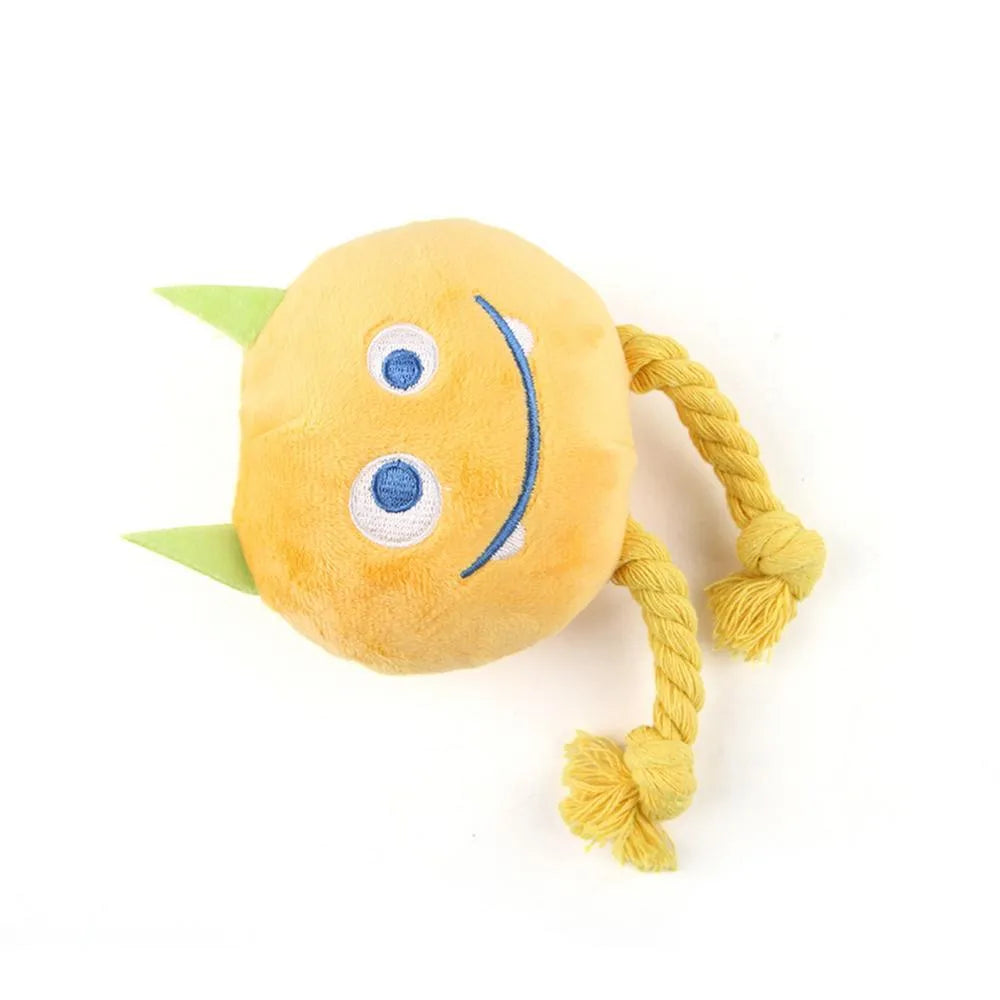 Blue or yellow cotton rope dog squeaky toy with knot design for teething and interactive play