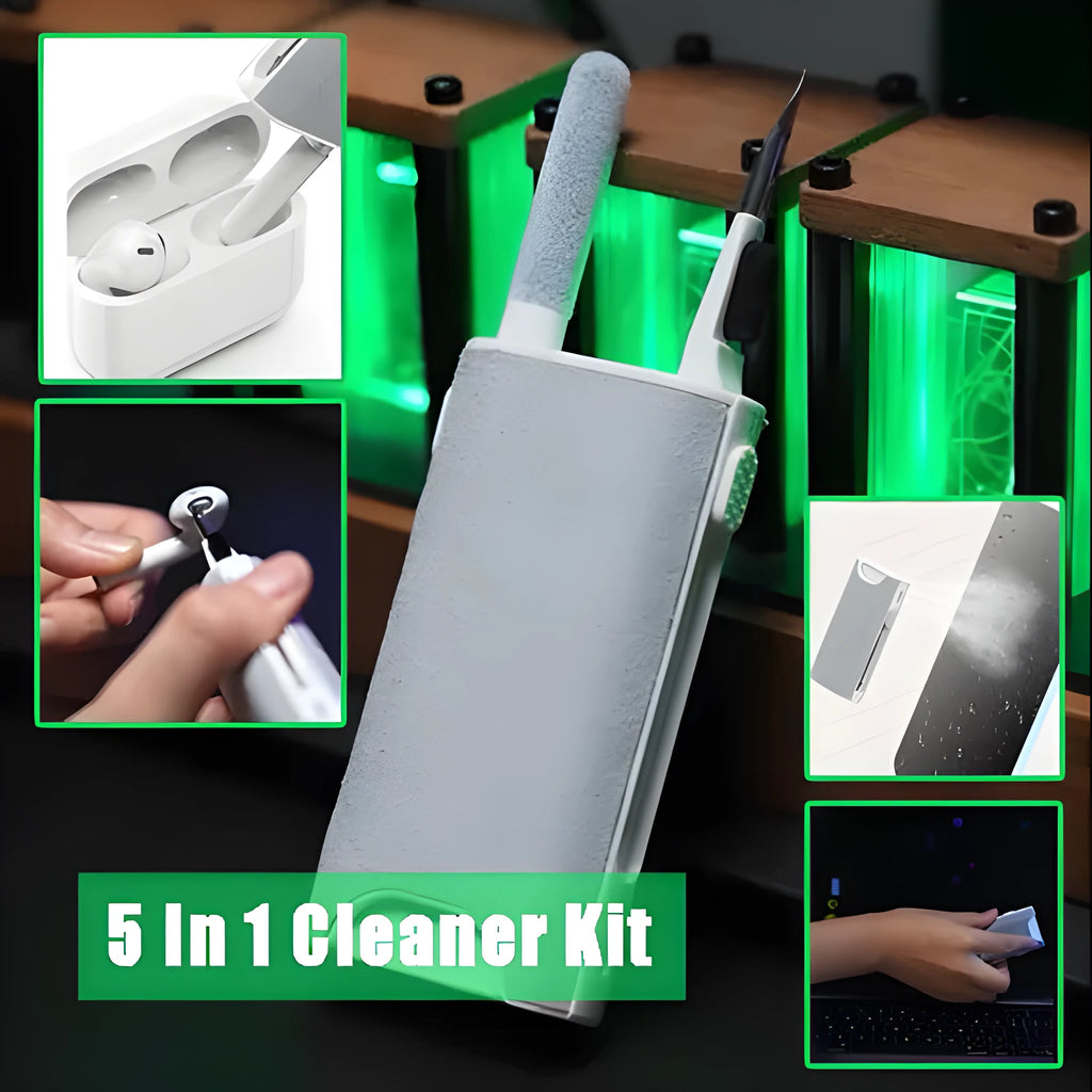 5-in-1 multifunctional screen and earphone cleaning kit with brush, sponge, and metal tip tools.