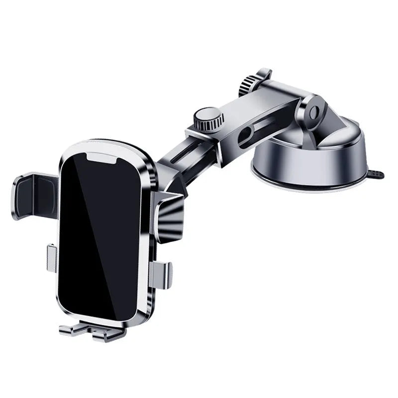 Retractable suction cup car phone holder with telescopic bracket, shown as a non-rechargeable suction cup car mount.