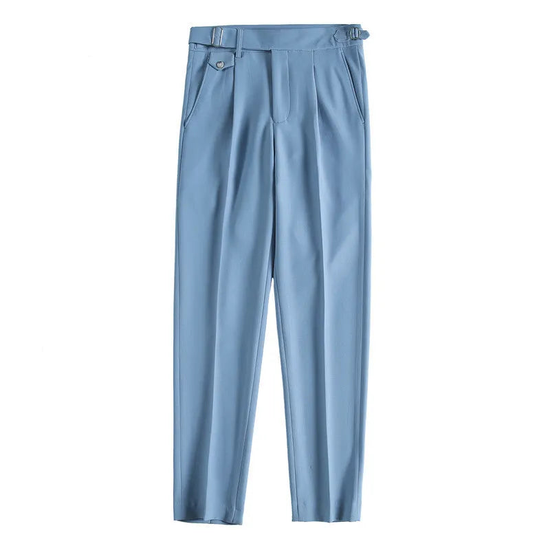 Men's straight-leg casual trousers in polyester available in multiple colours.
