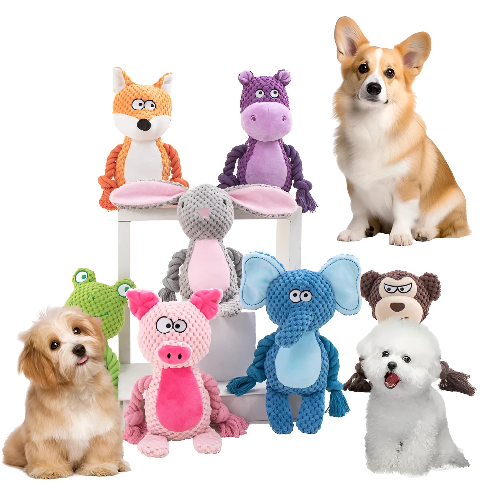 Hippo design plush dog toy with cotton rope and sound feature for interactive tug of war play