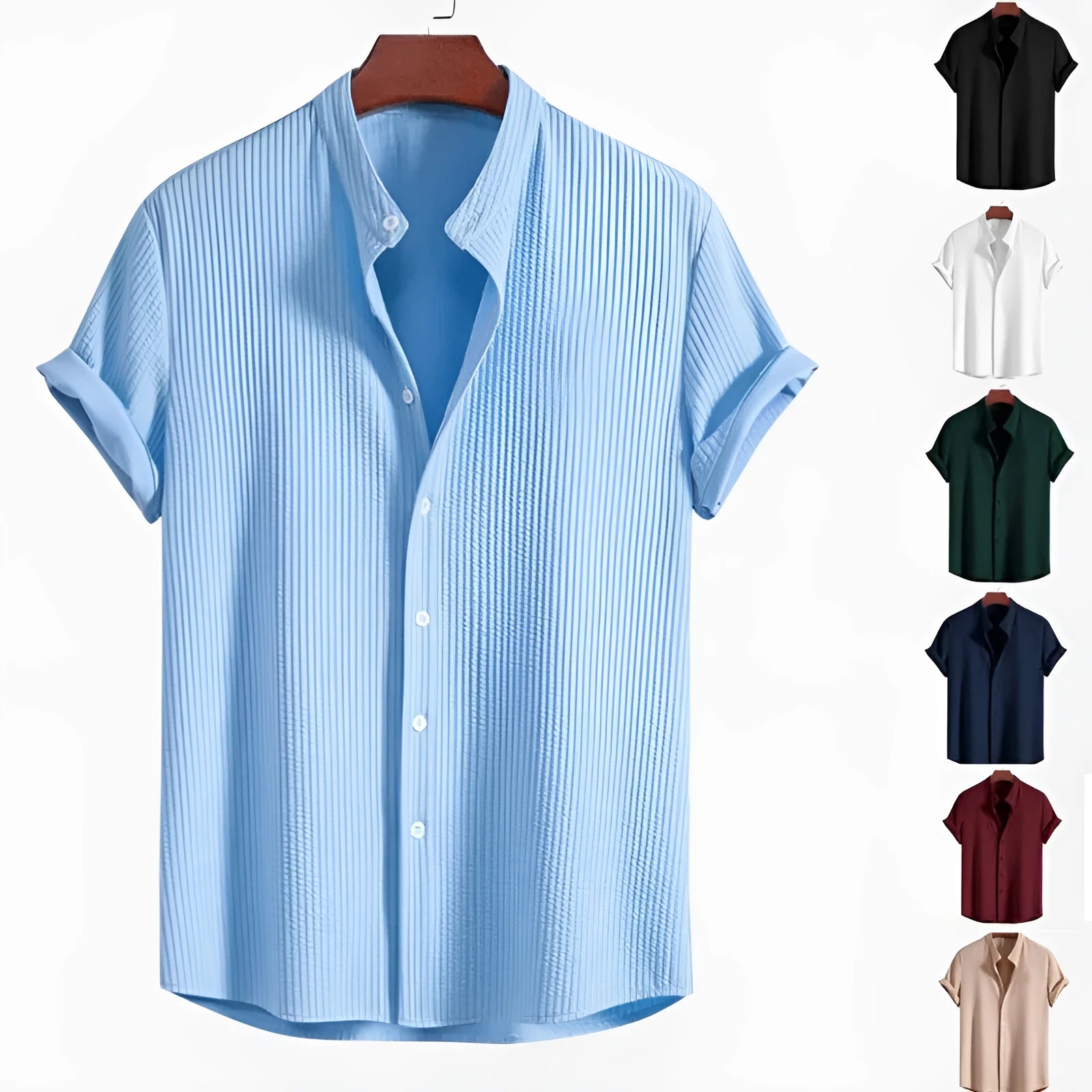 Man wearing a loose fit short sleeve polyester summer shirt in a light blue colour.