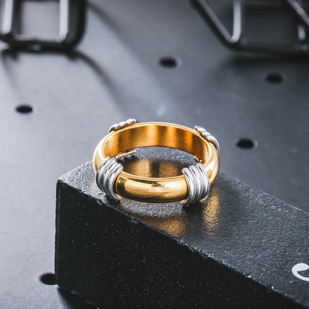 Gold electroplated titanium steel punk ring with retro letter design, unisex, 6 Yard and 8 Yard sizes