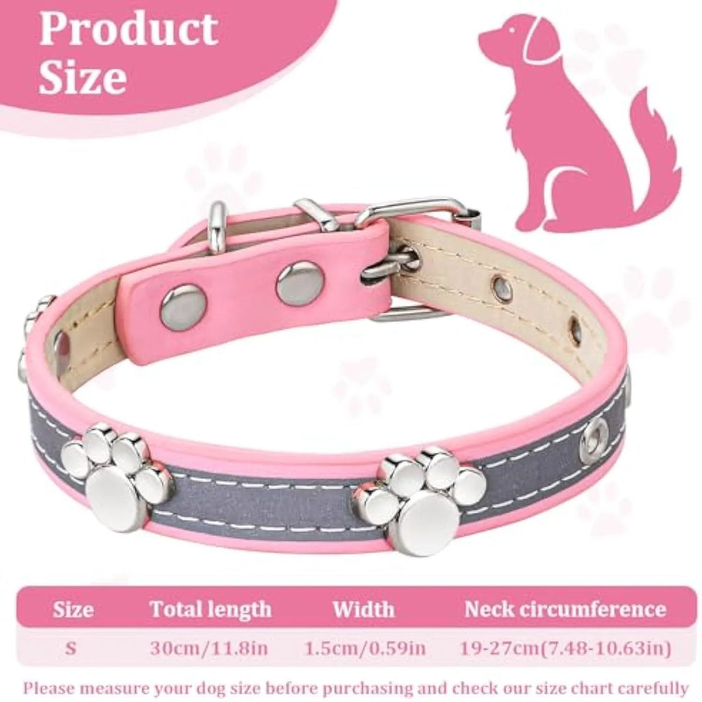 Reflective leather dog collar with paw-shaped rivets and adjustable metal buckle